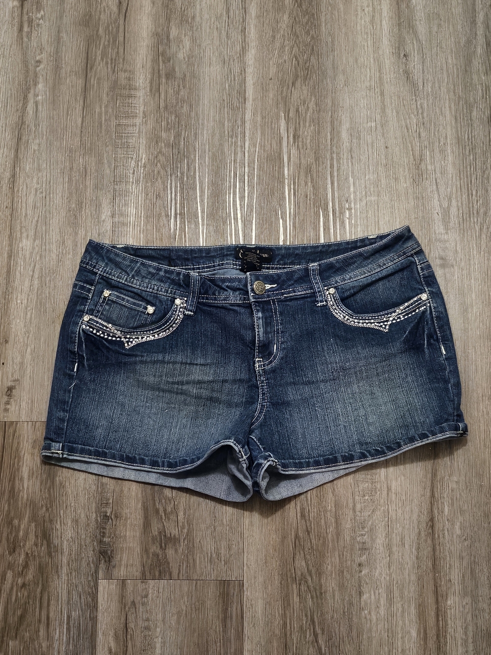 Earl Jeans Dark Blue Denim Shorts with Rhinestone Pocket Trim